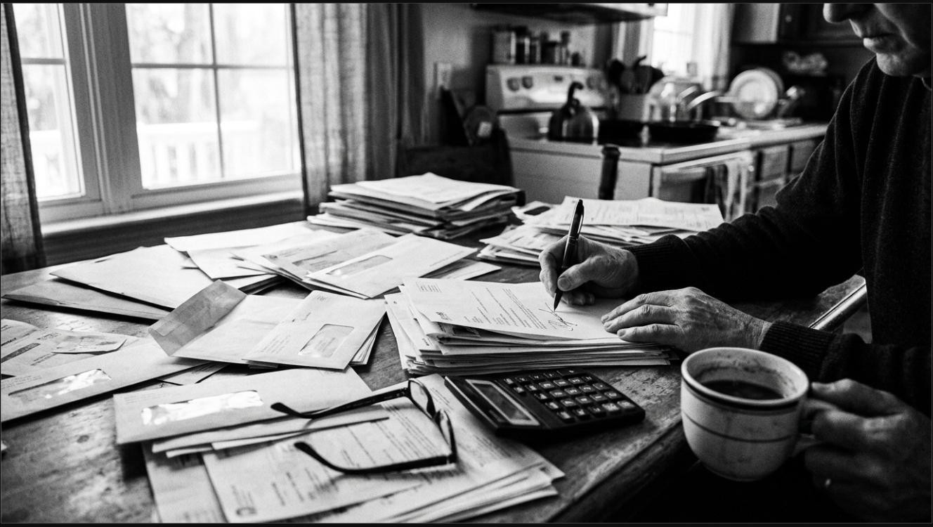 A kitchen table covered in bills with a calculator and coffee